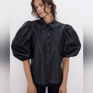 Zara S faux leather puff sleeve blouse